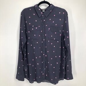 Eddie Bauer Women's Classic Fit Navy Floral Long Sleeve Button Down Shirt XL